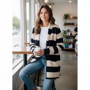 Tommy Hilfiger Striped Long Cardigan M • Cozy Preppy Navy Cream